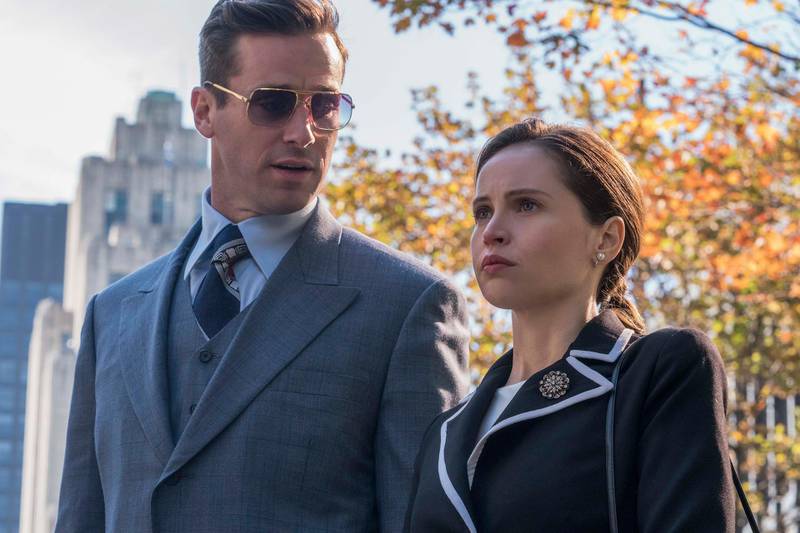 (l to r.) Armie Hammer as Marty Ginsburg and Felicity Jones as Ruth Bader Ginsburg star in Mimi Leder's ON THE BASIS OF SEX, a Focus Features release. Courtesy Focus Features