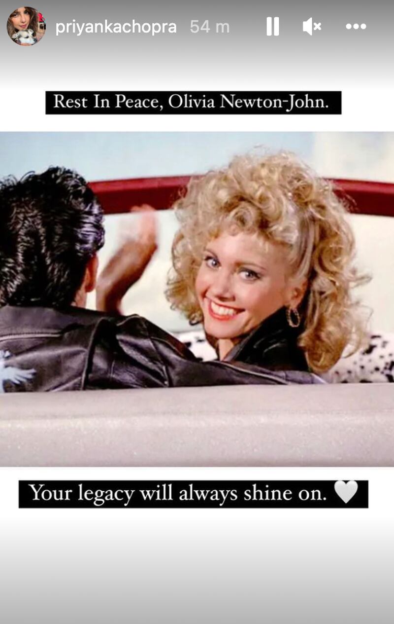 Priyanka Chopra Jonas posted a tribute to Olivia Newton-John on Instagram Stories. Photo: Instagram / Priyanka Chopra