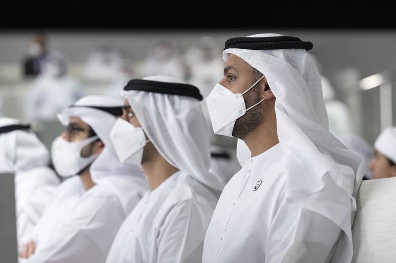 Sheikh Mohamed bin Hamad bin Tahnoon, adviser for Special Affairs at the Ministry of Presidential Affairs (R), attends the lecture at Majlis Mohamed bin Zayed.