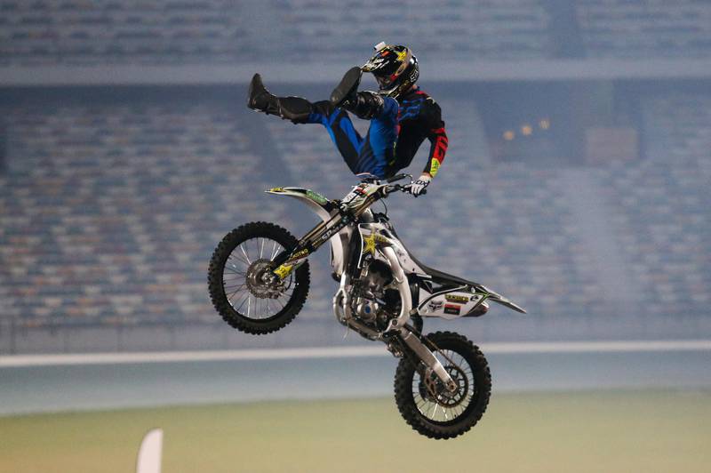 ABU DHABI, UAE. December 5, 2014 - Dare devils perform stunts on motor bikes at Nitro Circus at Zayed Sports Stadium in Abu Dhabi, December 5, 2014. (Photos by: Sarah Dea/The National, Story by: Standalone, News)
