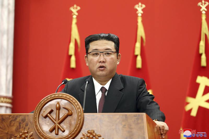 North Korean leader Kim Jong Un delivers a speech during an event to celebrate the 76th anniversary of the country's Workers' Party in Pyongyang, North Korea. AP