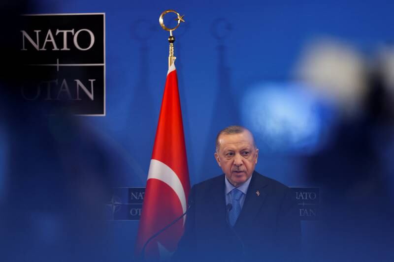Turkish President Tayyip Erdogan at a news conference following the Nato summit, in Brussels, Belgium, on March 24. Reuters