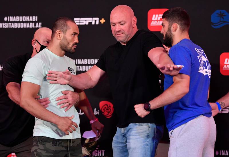 Dana White keeps apart Davi Ramos and Arman Tsarukyan at UFC Fight Night at Fight Island in Abu Dhabi. Getty Images