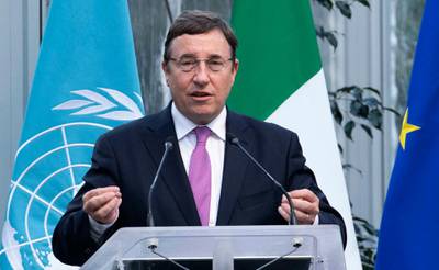 FILE - In this Jan. 28, 2019 file photo, United Nations Development Program Administrator, Achim Steiner, speaks during the inauguration ceremony of the Africa Center for Climate and Sustainable Development, in Rome. Steiner spoke to The Associated Press on Monday, July 29, 2019, and said the devastating five-year civil war in Yemen has knocked the country back 20 years in terms of development and access to education. Yemen was already the Arab world's poorest nation before the war, which has killed tens of thousands of people. (Maurizio Brambatti/ANSA Via AP, File)