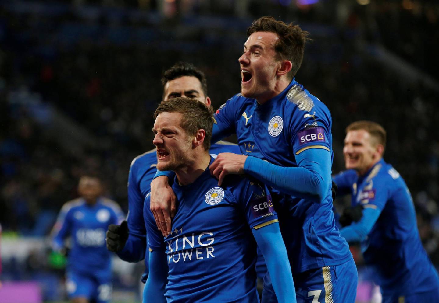 Soccer Football - FA Cup Quarter Final - Leicester City vs Chelsea - King Power Stadium, Leicester, Britain - March 18, 2018   Leicester City's Jamie Vardy celebrates scoring their first goal with team mates      REUTERS/Andrew Yates     TPX IMAGES OF THE DAY