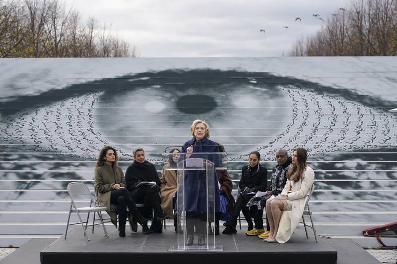 Former Secretary of State Hillary Clinton speaks at a press preview of an art installation entitled "Eyes on Iran" in New York, Monday, Nov.  28, 2022.  The large eye behind Clinton, as well as other works of art, are displayed at Franklin D.  Roosevelt Four Freedoms State Park and speaks to the current protests happening in Iran.  (AP Photo / Seth Wenig)