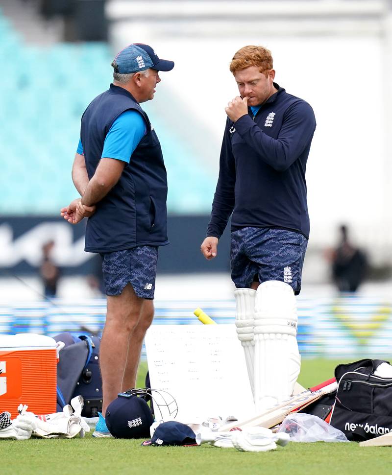 England coach Chris Silverwood speaks to Jonny Bairstow during training on Wednesday. PA