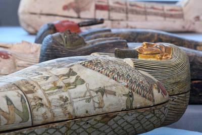 Wooden sarcophagi during the unveiling of an ancient treasure trove of more than a 100 intact sarcophagi. AFP