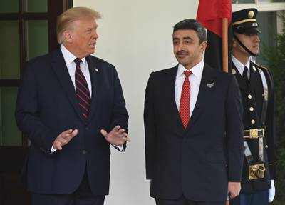 Sheikh Abdullah and Mr Trump outside the White House. AFP