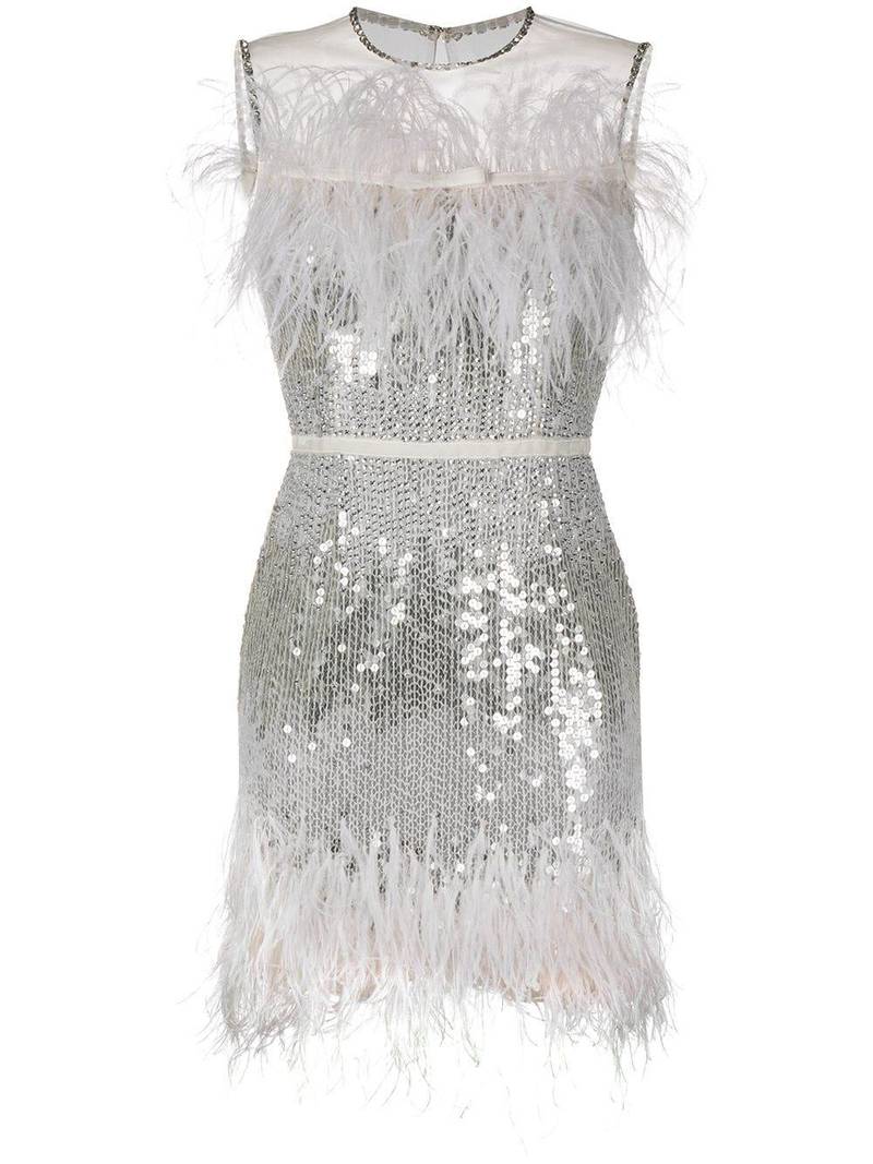 For those celebrating inside, try feathers and sequins for evening dazzle. Dh12,388, Jenny Packham at Farfetch. Courtesy Farfetch.