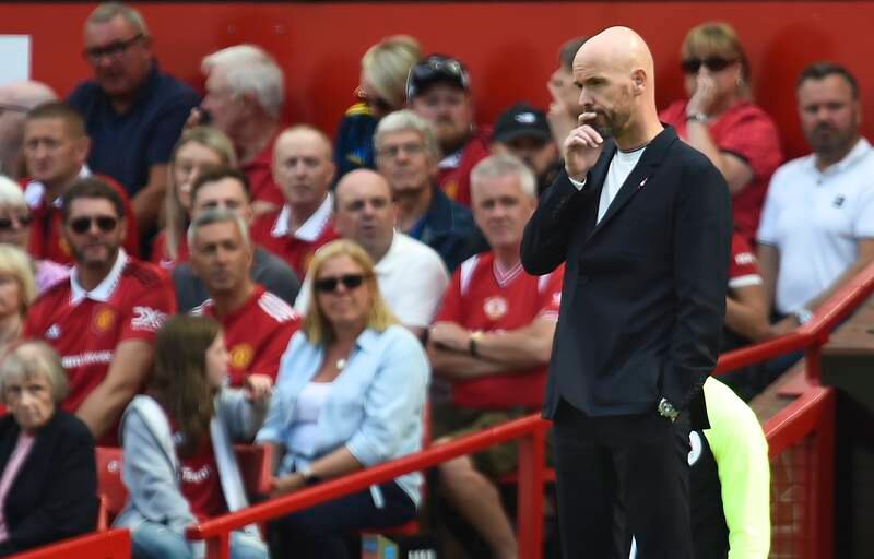 New Manchester United manager Erik ten Hag watches on the Old Trafford sidelines as his side suffer a 2-1 defeat to Brighton in the Premier League on August 7, 2022. EPA