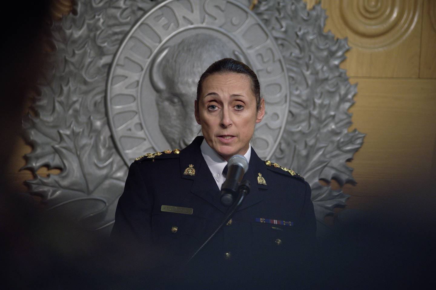 Assistant Commissioner Rhonda Blackmore speaks at the Royal Canadian Mounted Police F Division headquarters in Regina, Saskatchewan, on Sunday. AP