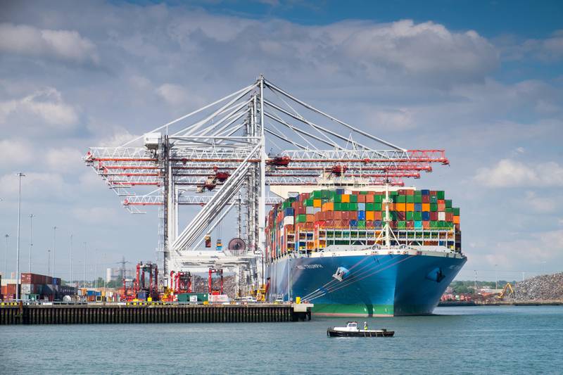 A container ship at DP World Southampton. The port is Britain’s second-largest container terminal. Alamy