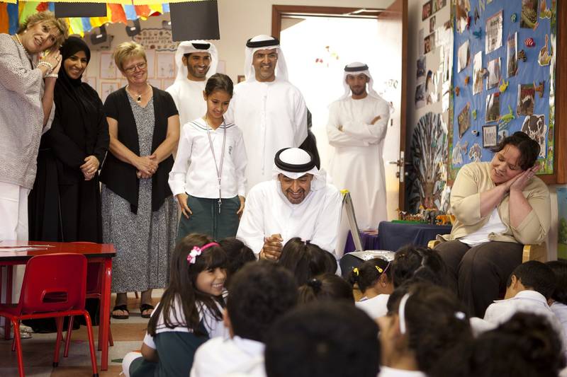 Mohamed bin Zayed in a classroom speaking to the pupils. Photo: @MohamedBinZayed