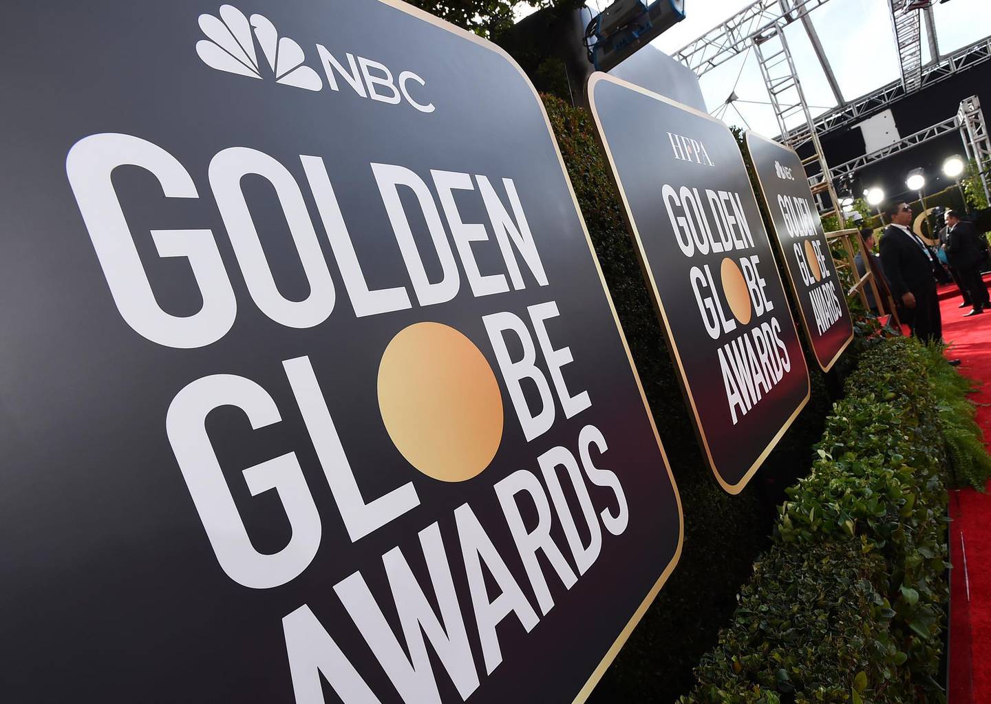 FILE - Signage promoting the 77th annual Golden Globe Awards and NBC appears in Beverly Hills, Calif. on Jan. 5, 2020.  NBC said Monday that will not air the Golden Globes in 2022. (Photo by Jordan Strauss/Invision/AP, File)