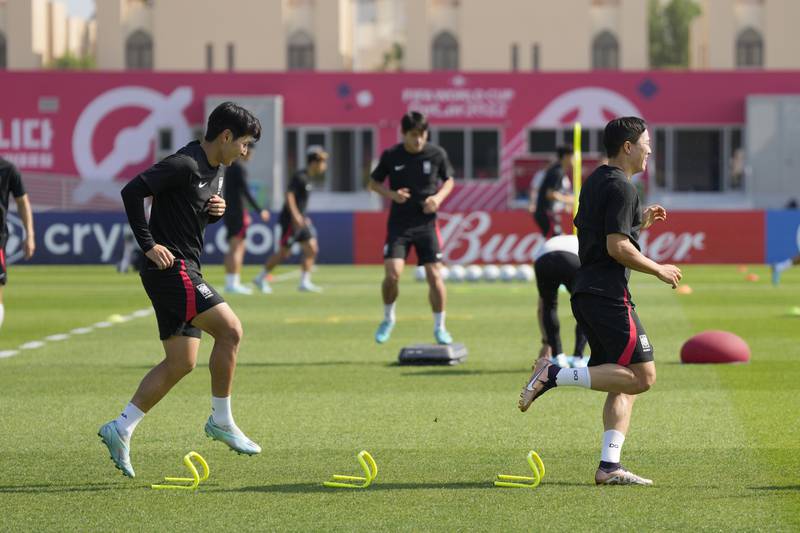 South Korea's Lee Kang-in, left, and Kwon Chang-hoon during training. AP