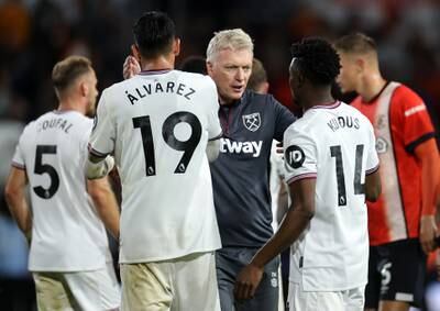 David Moyes gives instructions to two of his new recruits, Edson Alvarez and Mohammed Kudus. Getty Images
