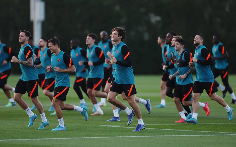 Chelsea players run during a training session ahead of the Club World Cup final. Reuters