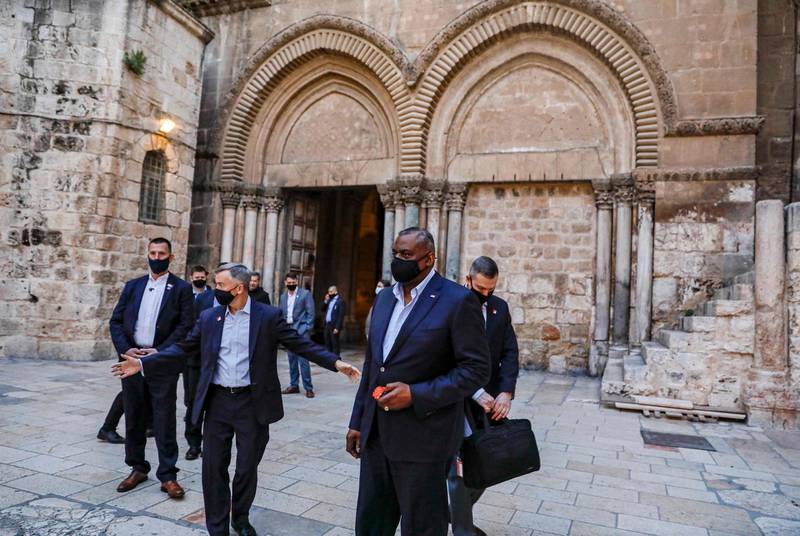 US Defence Secretary Lloyd Austin walks near the Church of the Holy Sepulchre in Jerusalem's Old City, during his visit to Jerusalem. AFP