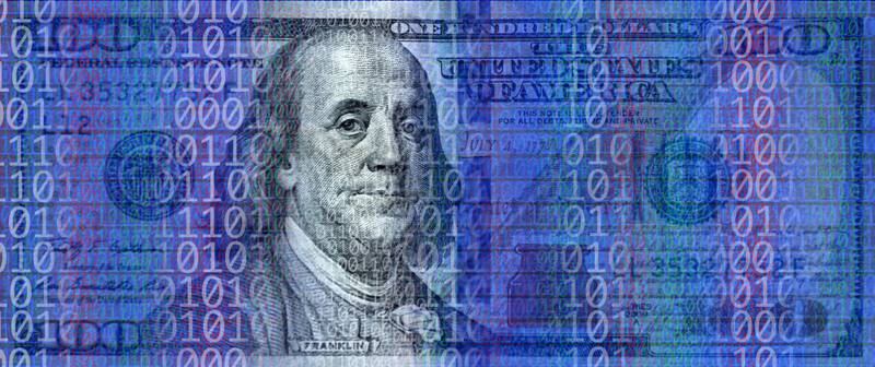 A $100 bill covered in binary code. The US is considering launching its own digital dollar, or Central Bank Digital Currency. Getty