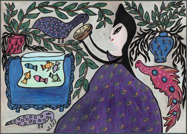 Algerian artist Baya paints a woman and her pets in 'Woman with Two Peacocks and Aquarium' (1968). Image courtesy Barjeel Art Foundation