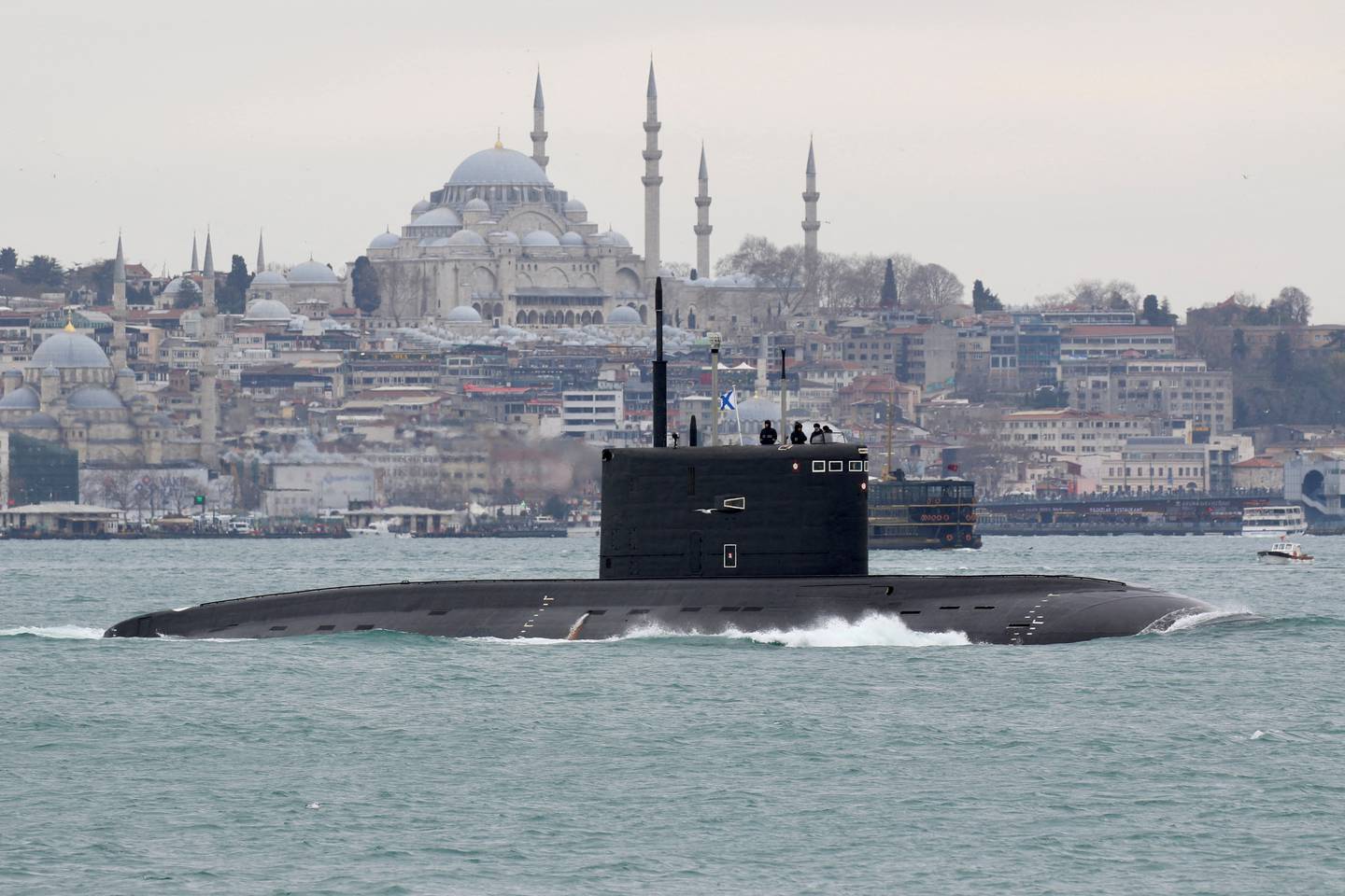 A Russian Navy submarine sails in the Bosphorus, on its way to the Black Sea, in Istanbul, Turkey. Reuters
