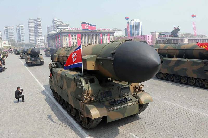 Ballistic missiles being displayed through Kim Il-Sung square during a military parade in Pyongyang. AFP