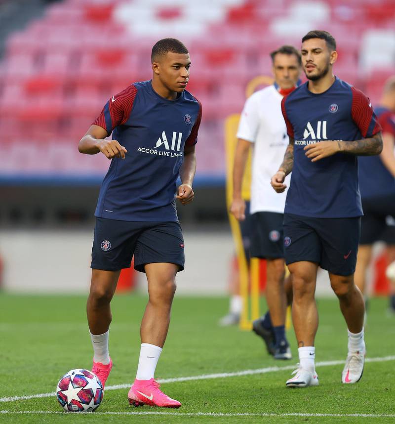 LISBON, PORTUGAL - AUGUST 22: Kylian Mbappe of Paris Saint-Germain during a training session ahead of their UEFA Champions League Final match against Bayern Munich at Estadio do Sport Lisboa e Benfica on August 22, 2020 in Lisbon, Portugal. (Photo by Julian Finney - UEFA/UEFA via Getty Images)