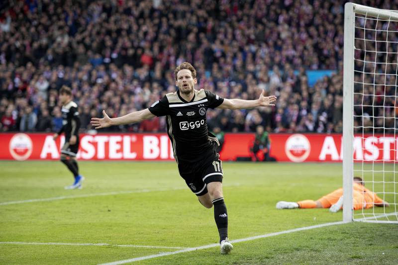 epa07549470 Daley Blind Ajax Amsterdam reacts after scoring the 0-1 during the Dutch Cup final match between Willem II and Ajax Amsterdam in Rotterdam, The Netherlands, 05 May 2019.  EPA/OLAF KRAAK
