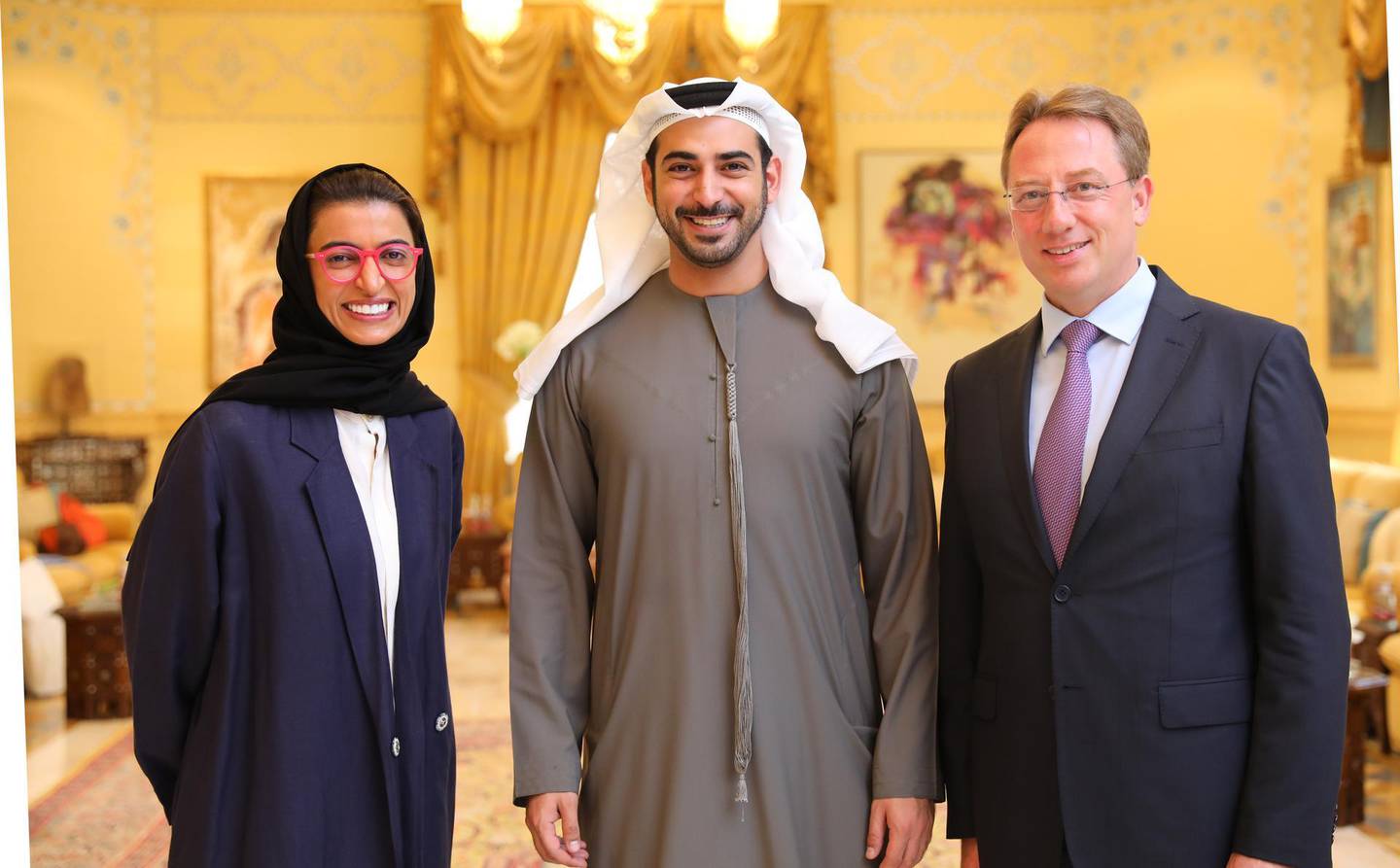 Sheikh Zayed bin Sultan bin Khalifa Al Nahyan, the UAE’s culture minister, Noura Al Kaabi, along with France’s ambassador to the UAE, Ludovic Pouille. The Crown Prince Court - Abu Dhabi