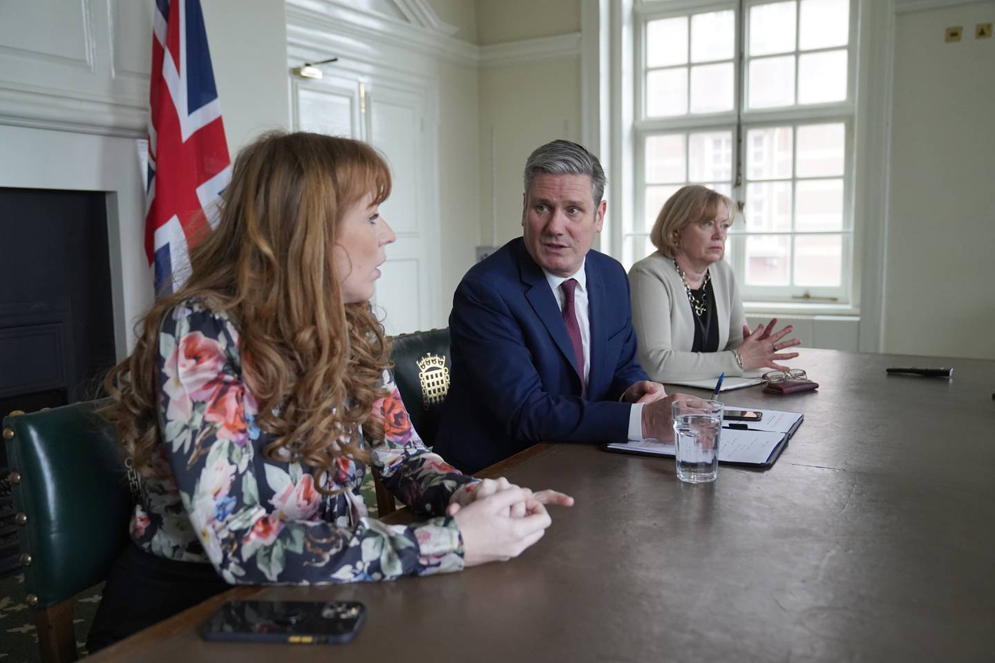 Labour leader Keir Starmer holds a shadow cabinet meeting with deputy leader Angela Rayner, left, and shadow leader of the House of Lords Baroness Angela Smith, right. PA