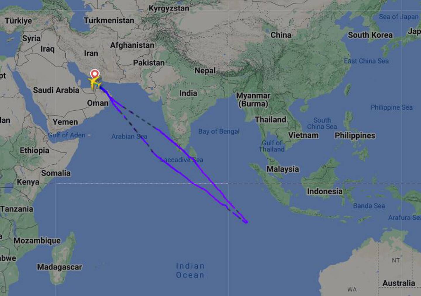 Emirates' longest commercial flight turned back to Dubai after seven hours in the air. Photo: FlightRadar24.com