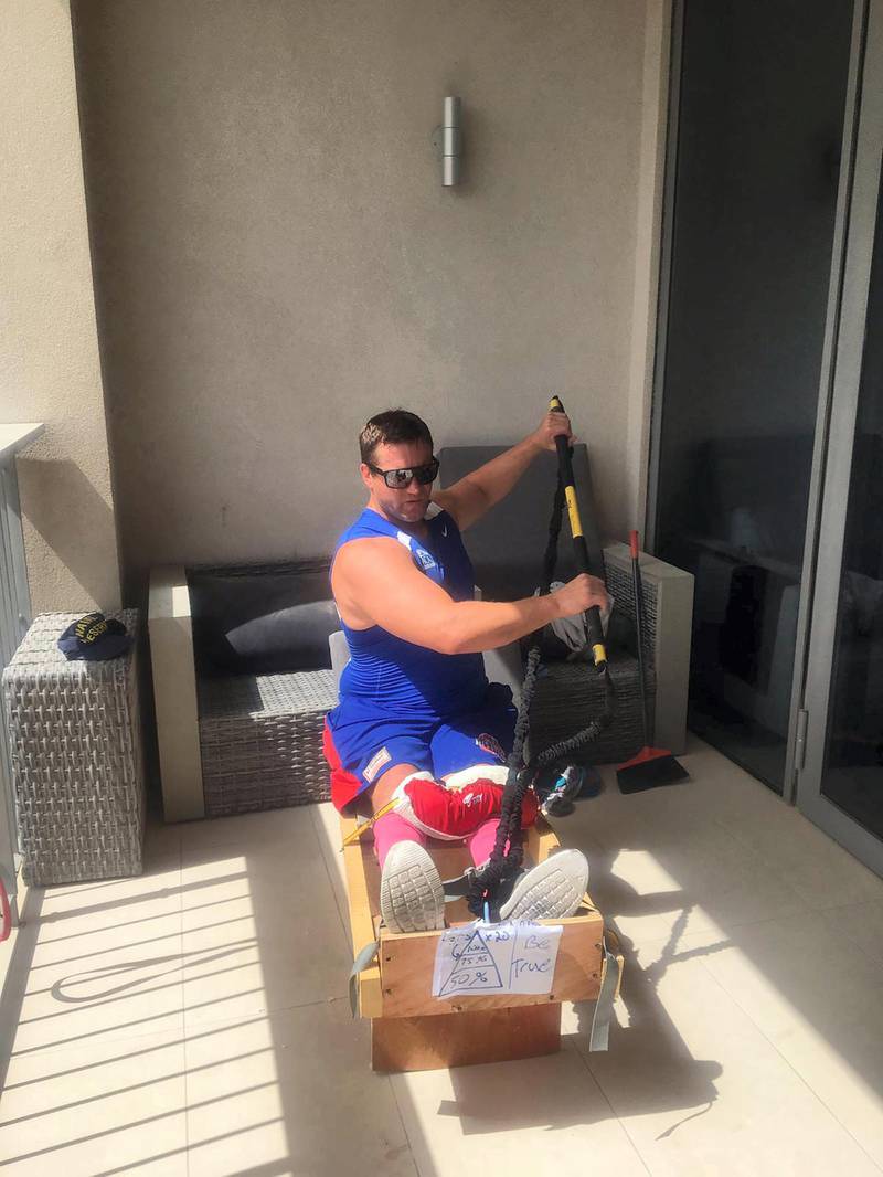 Mike Ballard had built his own kayak machine on the balcony of his Abu Dhabi apartment as he continues to train for the Paralympics despite the coronavirus restrictions. Courtesy Mike Ballard
