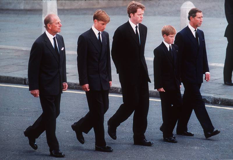 Prince Philip, Prince William, Earl Spencer, Prince Harry and Prince Charles follow the coffin of Princess Diana at her funeral in London in September 1997