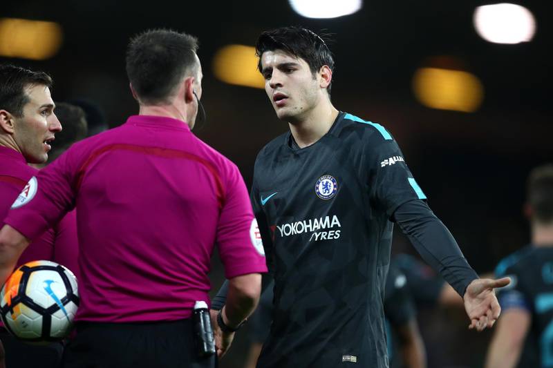 NORWICH, ENGLAND - JANUARY 06:  Alvaro Morata of Chelsea argues with the referee, Stuart Attwell during the The Emirates FA Cup Third Round match between Norwich City and Chelsea at Carrow Road on January 6, 2018 in Norwich, England.  (Photo by James Chance/Getty Images)