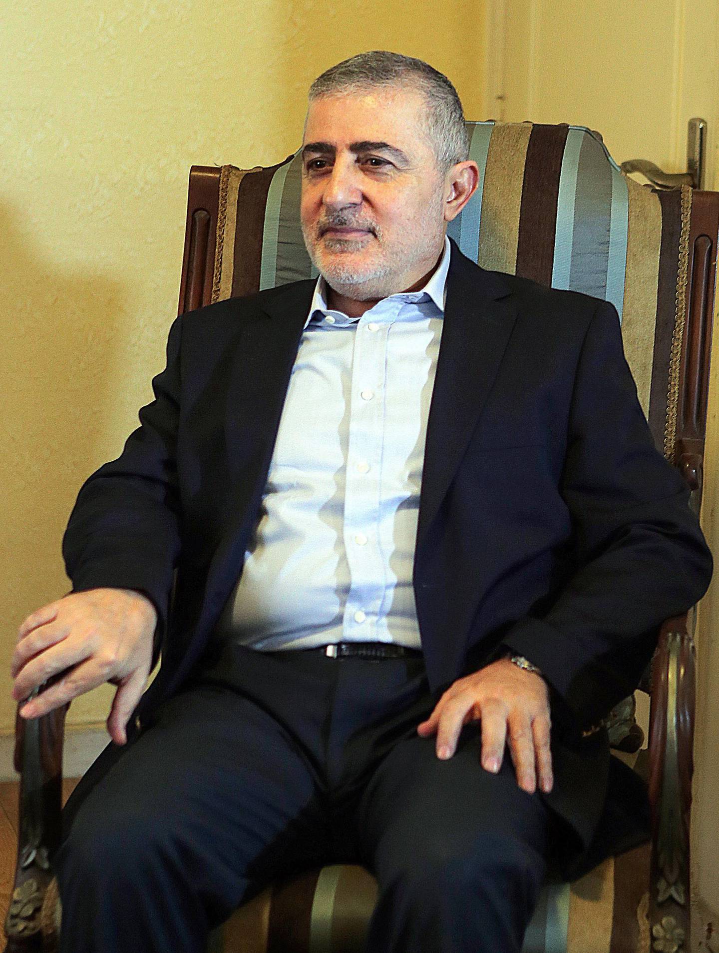 This file photo taken on April 12, 2018 shows Senior Hezbollah security official Wafiq Safa at his office in the Lebanese capital Beirut. The US on July 9 imposed sanctions against three Hezbollah officials, including two lawmakers, marking the first time the it has placed elected officials from the powerful Shiite movement on its blacklist. Lawmakers Amin Sherri and Muhammad Hasan Raad were accused of "exploiting Lebanon's political and financial system" to benefit Hezbollah, according to a statement from the US Treasury. Also placed on the blacklist was Wafiq Safa, a top Hezbollah security official close to the movement's Secretary General Hassan Nasrallah. / AFP / -
