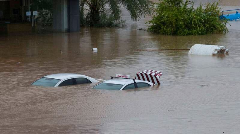Cars submerged on a flooded street after Cyclone Shaheen hit Oman's capital Muscat. EPA