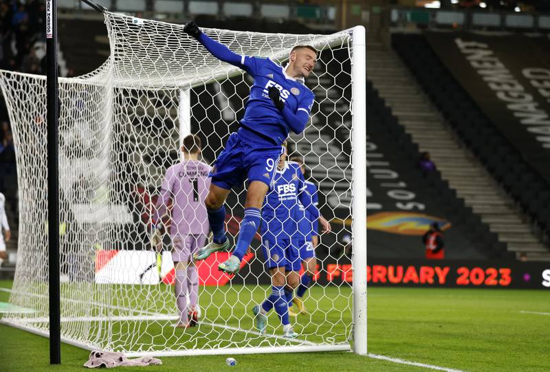Leicester's Jamie Vardy celebrates after scoring. PA