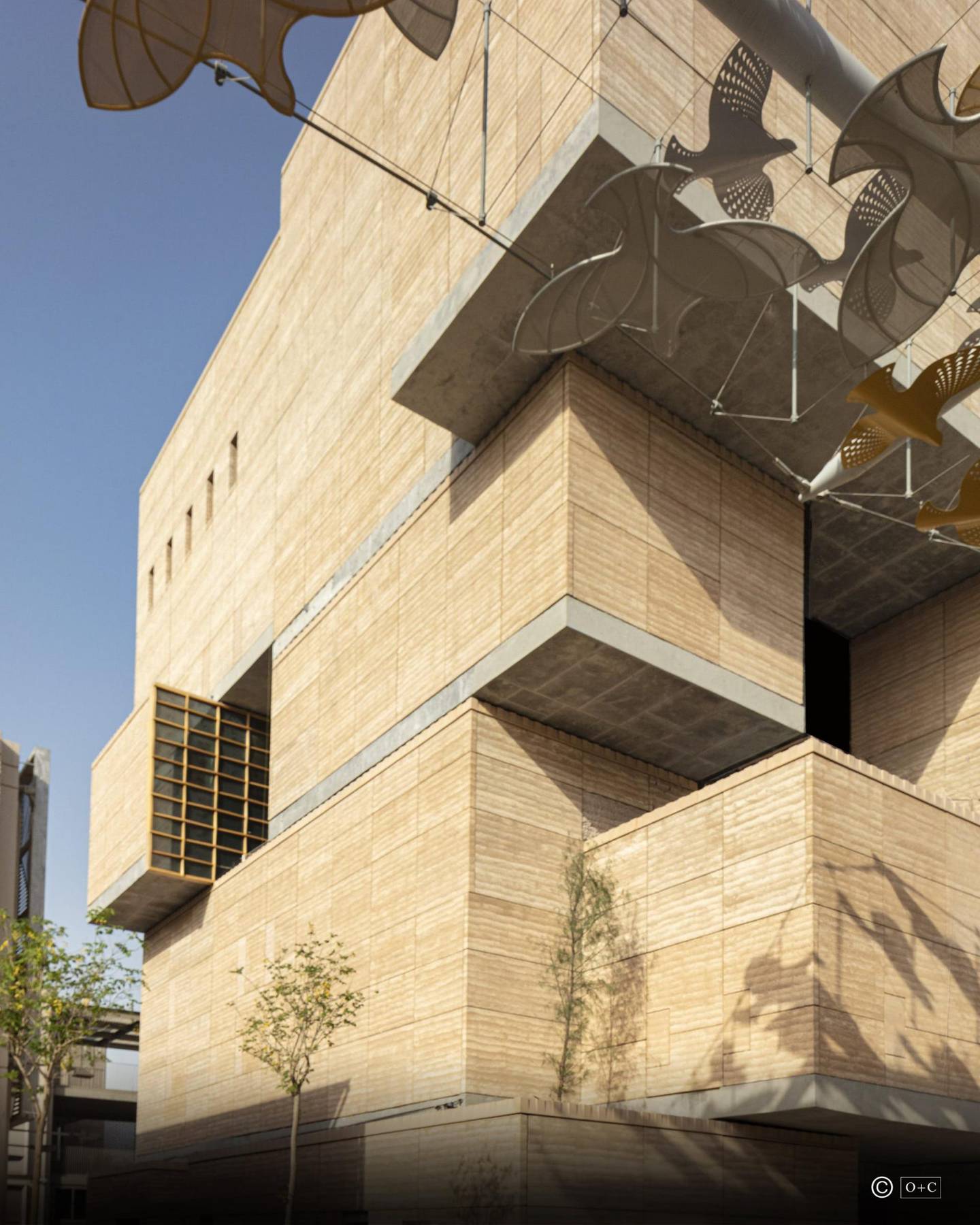 The building’s 4,000 square metres rammed earth facade.