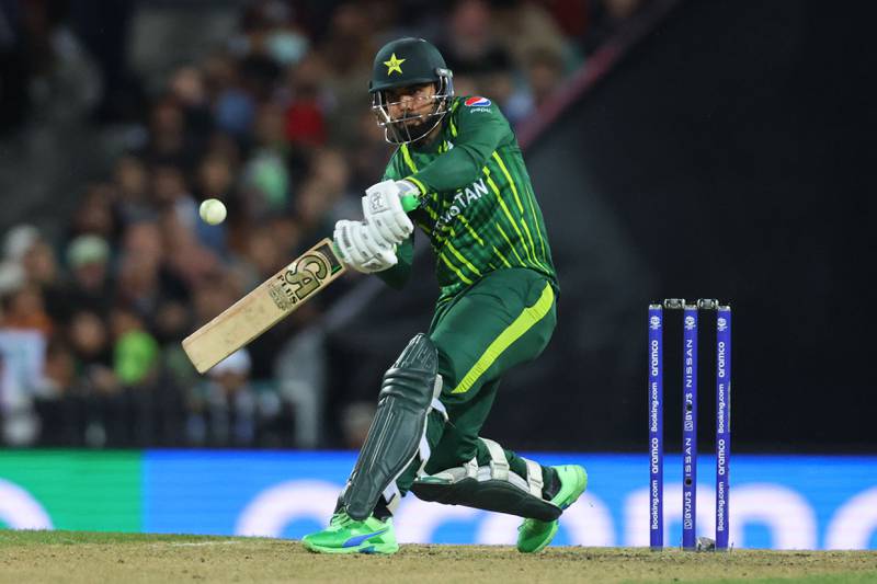 Pakistan’s Shadab Khan hits a six in Sydney. AFP