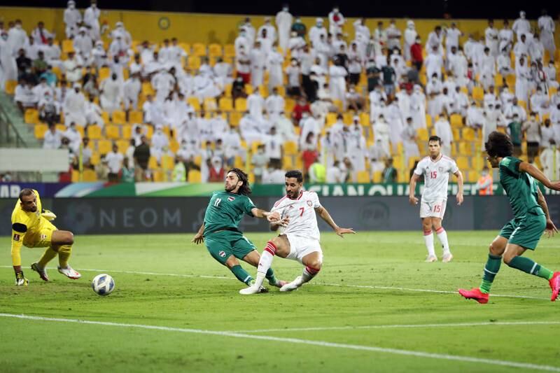 Ali Mabkhout of UAE scores the equaliser against Iraq at the Zabeel Stadium in Dubai. Chris Whiteoak / The National