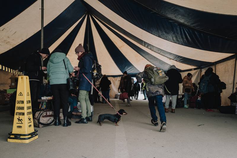 Inside a tent set up to receive refugees in Moldova.