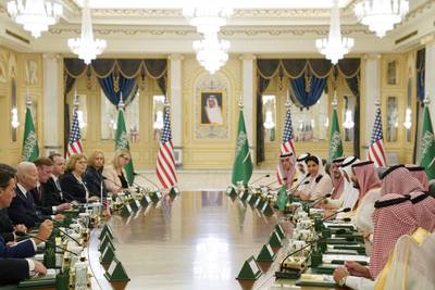 US President Joe Biden participates in a working session with Saudi Crown Prince Mohammed bin Salman at Al Salam Palace in Jeddah. AP 