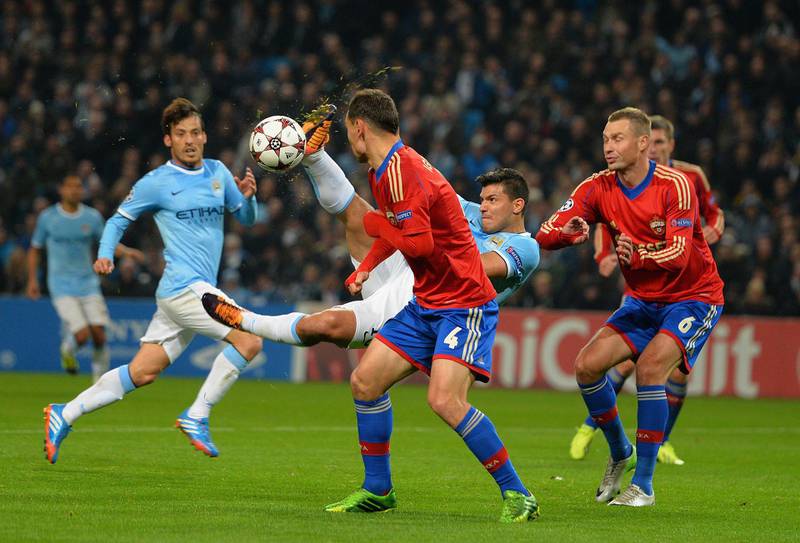 MANCHESTER, ENGLAND - NOVEMBER 05:  Sergio Aguero of Manchester City shoots at goal  during the UEFA Champions League Group D match between Manchester City and CSKA Moscow at the  Etihad Stadium on November 5, 2013 in Manchester, England.  (Photo by Shaun Botterill/Getty Images)