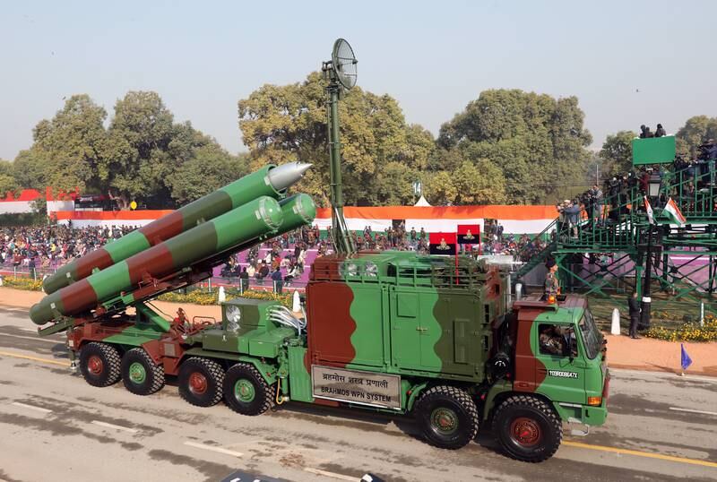 The BrahMos missile system on show in the Rajpath boulevard in New Delhi, India, during the 72nd Republic Day celebrations on January 26, 2021. EPA