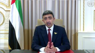 Sheikh Abdullah bin Zayed, UAE Minister of Foreign Affairs and International Cooperation, speaks in a pre-recorded message which was played during the 75th session of the United Nations General Assembly. UNTV via AP