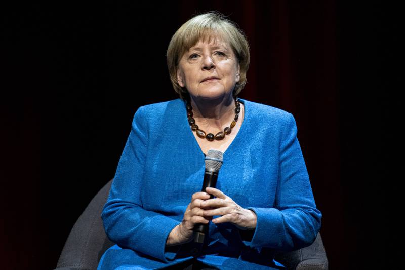 Former German chancellor Angela Merkel fields questions in Berlin on Tuesday. AP