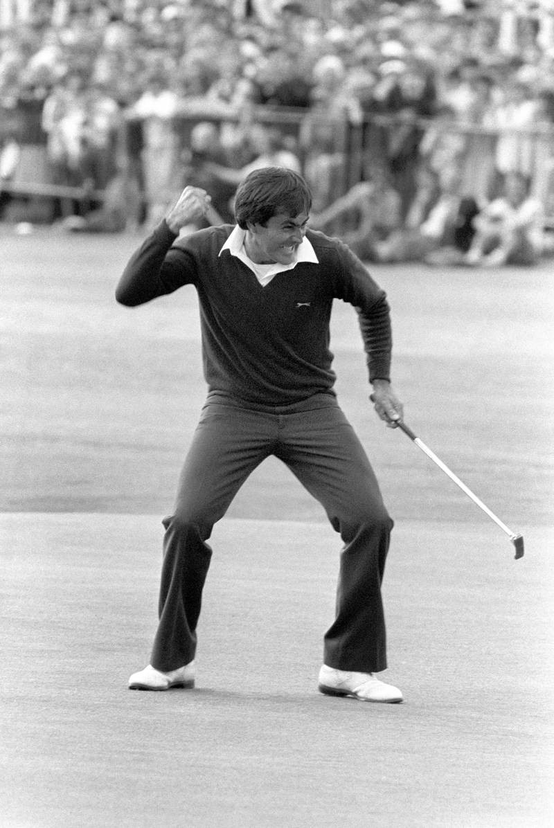 No 9 - Seve Ballesteros celebrates his victory after a birdie putt on the 18th green at St Andrews in 1979. PA