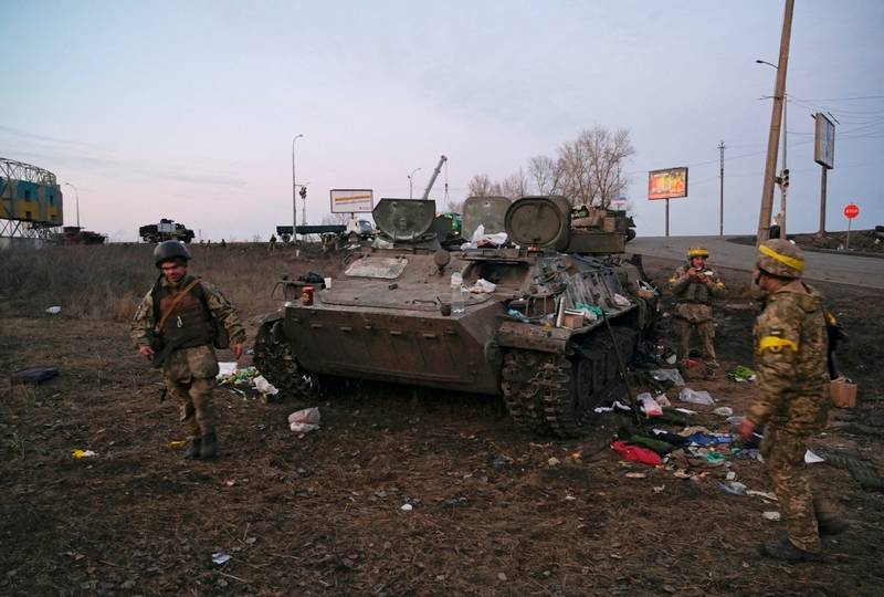 Ukraine troops said this destroyed armoured vehicle outside Kharkiv belonged to the Russian army. Reuters