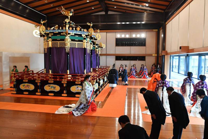 Empress Masako leaves the state room at the end of the enthronement ceremony where Emperor Naruhito officially proclaimed his ascension to the Chrysanthemum Throne at the Imperial Palace in Tokyo.  AFP